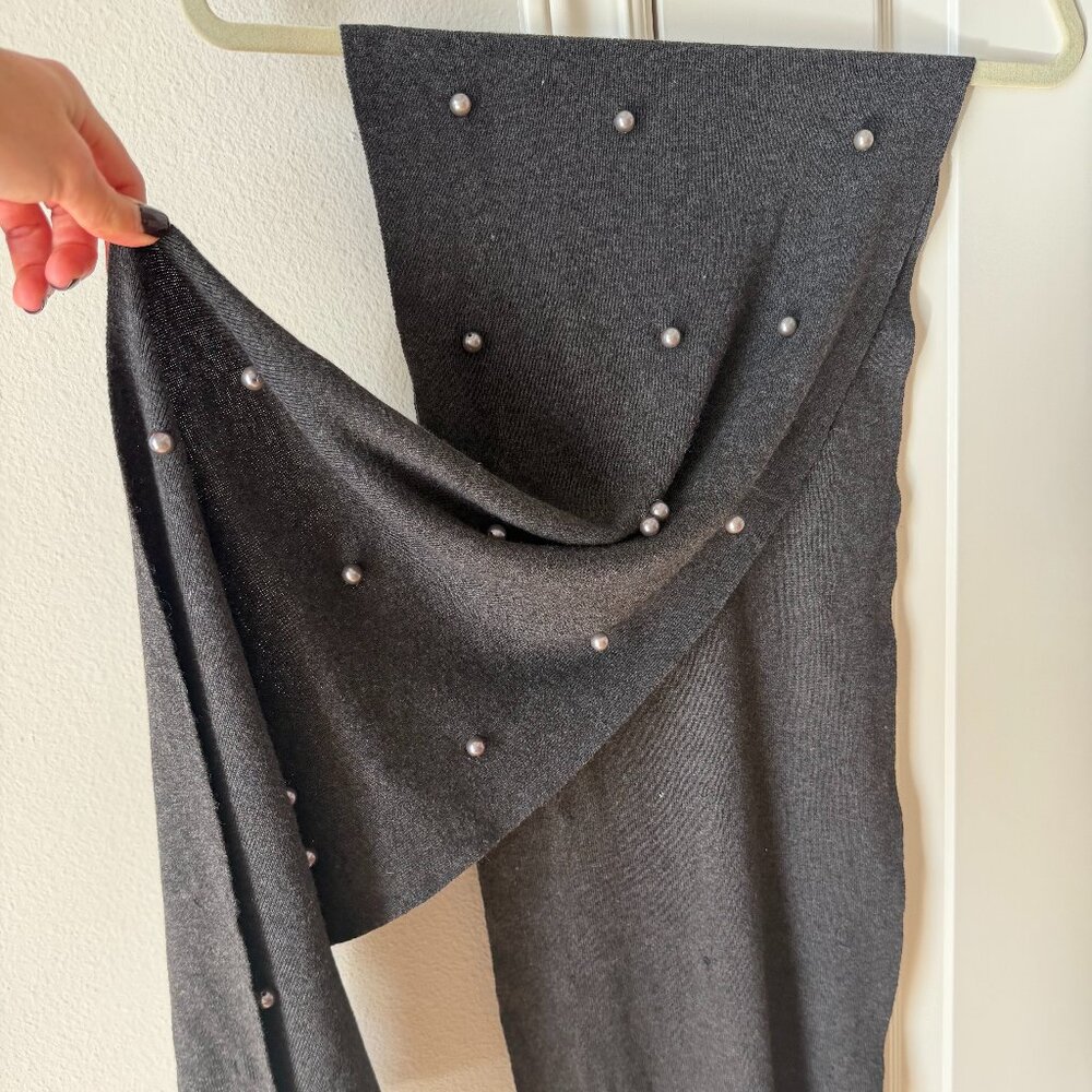 Twelve by Twelve Charcoal Gray Pearl Embellished Knit Scarf